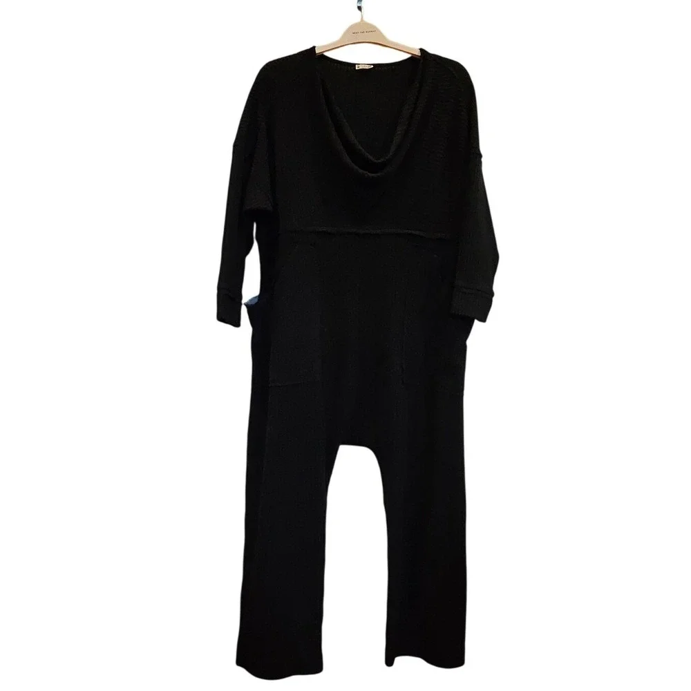 Free People Kickback Fall Black Waffle Knit Slouchy Harem Jumpsuit SPOB807534